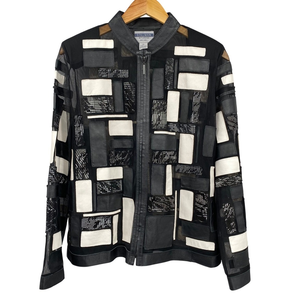 Stillman Studio New York Leather Mesh Patchwork Jacket Womens XL Black White Zip